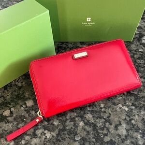 Kate Spade New York Red Zip Around Leather Wallet – With Box